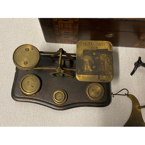 265 - 3 sets of victorian postal scales along with inlaid wooden box