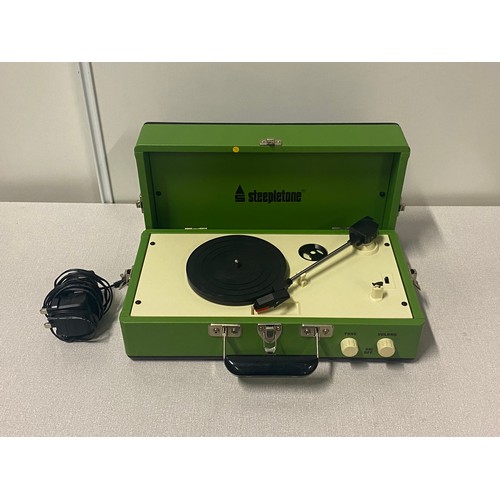 8 - Green Steepletone portable record player & speaker, working, but needs power cable.