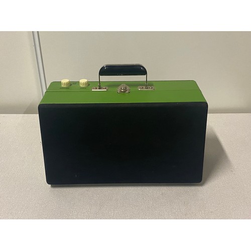8 - Green Steepletone portable record player & speaker, working, but needs power cable.