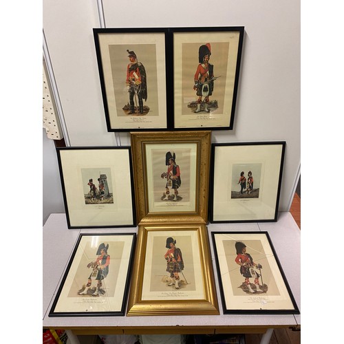 9 - 8 framed military prints to include The Golden Highlanders & The Seaforth Highlanders etc