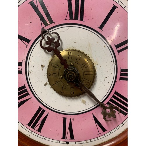 117 - Vintage wood framed wall clock with enamel and brass face - with weights and pendulum.