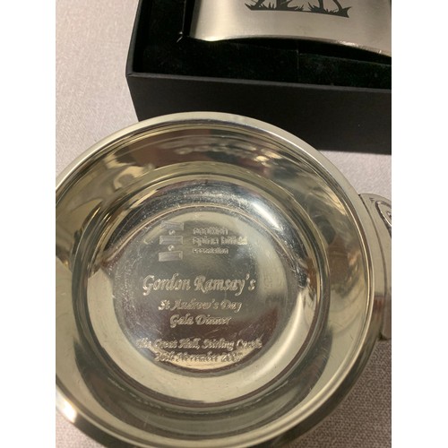 197 - Boxed Boquhan Estate pewter hipflask and pocket watch along with Gordan Ramsey gala dinner quakes.