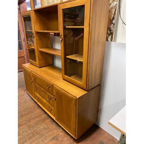 155 - Ercol solid elm Windsor Sideboard/wall unit. Burn hole to upper shelf, hard to see.
155cm long 162cm... 