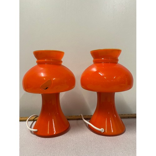 15 - Pair of mid century Orange Opaline glass mushroom table lamps by Stefan Tabery. One has slight damag... 