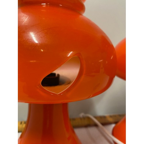 15 - Pair of mid century Orange Opaline glass mushroom table lamps by Stefan Tabery. One has slight damag... 