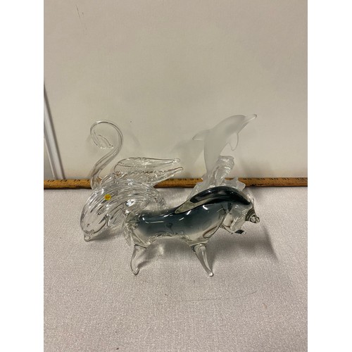 42 - Vintage Murano glass bull along with crystal swan etc.