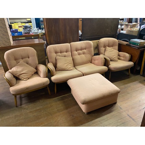 45 - 1960's Ercol Windsor Jubilee sofa and 2 arm chairs in elm with upholstered cushions and matching foo... 