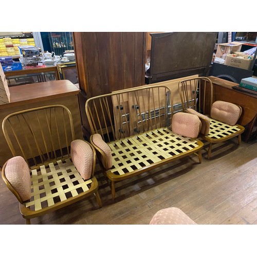 45 - 1960's Ercol Windsor Jubilee sofa and 2 arm chairs in elm with upholstered cushions and matching foo... 