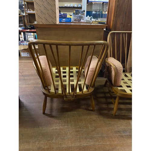 45 - 1960's Ercol Windsor Jubilee sofa and 2 arm chairs in elm with upholstered cushions and matching foo... 