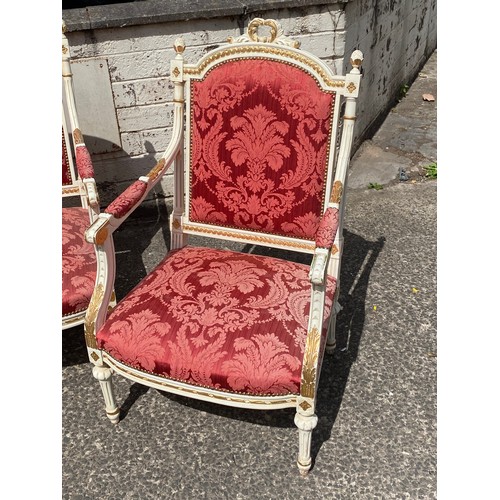 303 - Antique French Louis XVI giltwood 3 piece suite with damask upholstery.