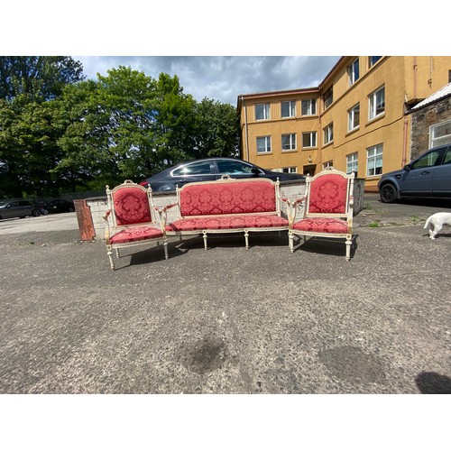 303 - Antique French Louis XVI giltwood 3 piece suite with damask upholstery.