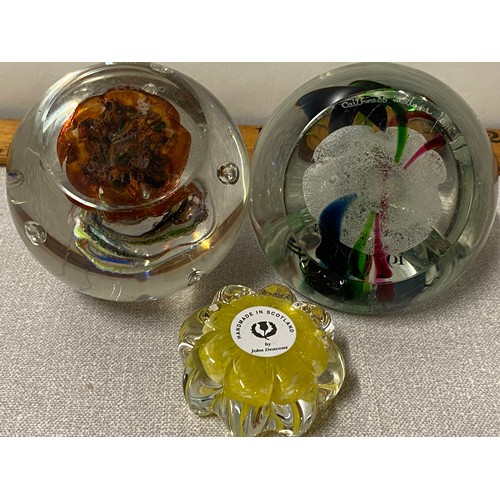 485 - 4 x glass paperweights to include John Deacons.