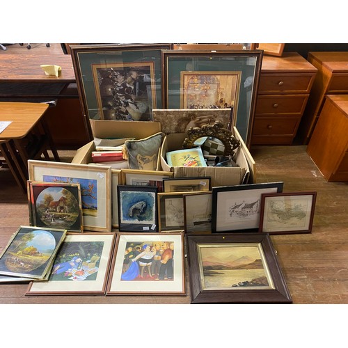 597 - Large selection of pictures & 2 boxes of misc to include mirror & tablecloths etc