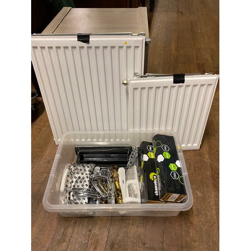 598 - 2 radiators & box of door handles etc.