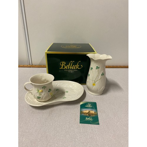 24 - Belleek vase and tennis set with box.