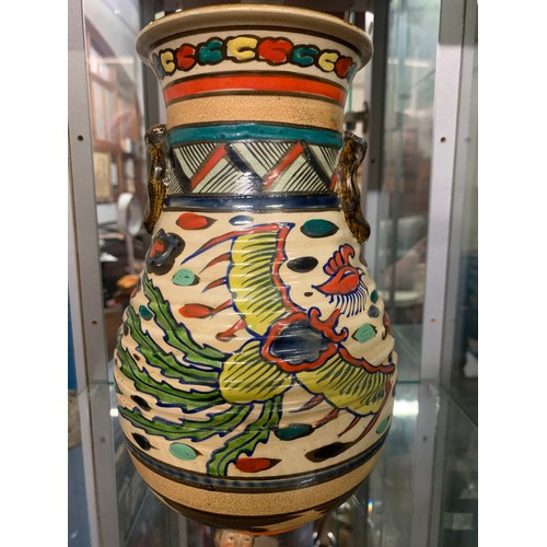 29 - Art Deco, hand painted, Asian stone ware vase depicting phoenix. Marked to base.
24cm h