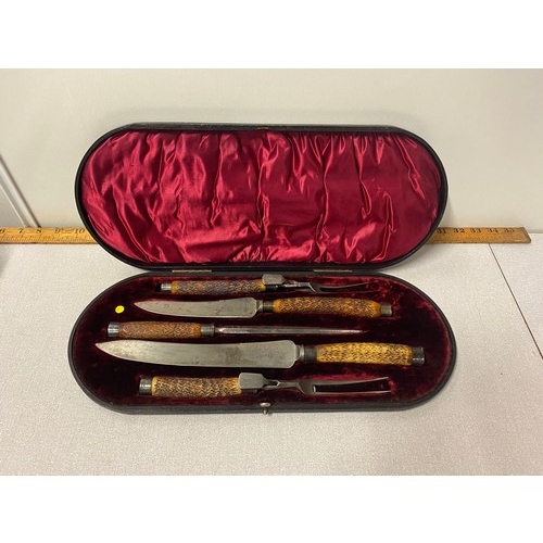 51 - Vintage antler handled carving set with hallmarked silver collar & ends in fitted case.