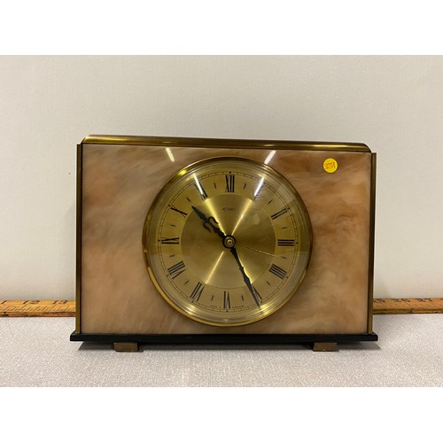 55 - Mid Century Metamec Brass and Swirled Lucite Mantel Clock.