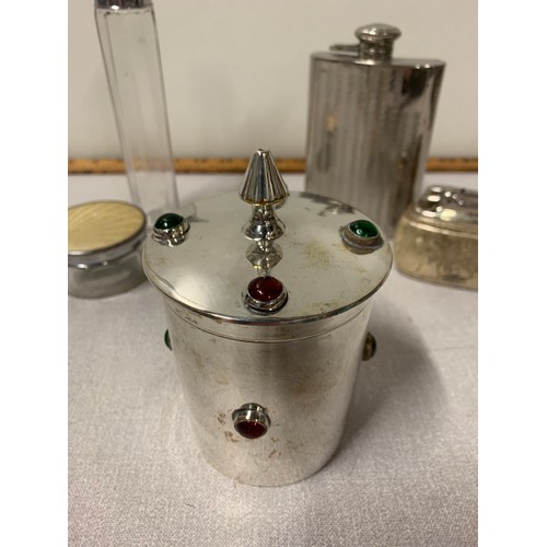 173 - White metal lidded pot encrusted with coloured stones, vintage glass dressing table jars, hipflask a... 