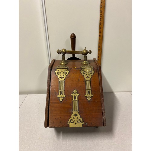 58 - Vintage S. Langley's patent 15011 wood and brass coal scuttle with accessories.