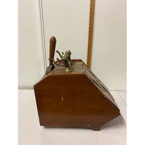 58 - Vintage S. Langley's patent 15011 wood and brass coal scuttle with accessories.