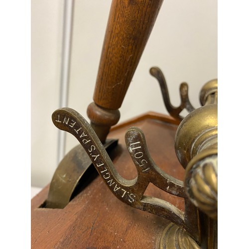 58 - Vintage S. Langley's patent 15011 wood and brass coal scuttle with accessories.