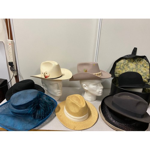 73 - Collection of hats to include Wrangler cowboy hat and vintage bowler hat and hat box.