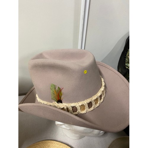 73 - Collection of hats to include Wrangler cowboy hat and vintage bowler hat and hat box.