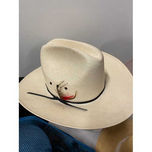 73 - Collection of hats to include Wrangler cowboy hat and vintage bowler hat and hat box.