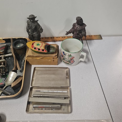 90 - Selection of vintage items to include school chalk board, Tin plate Japanese speed boat and spelter ... 