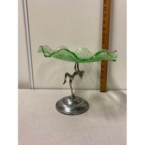 103 - 1930's Art Deco centrepiece of chrome lady stand supporting green patterned glass dish.
20cm h