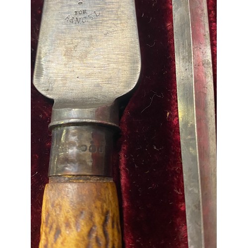 51 - Vintage antler handled carving set with hallmarked silver collar & ends in fitted case.