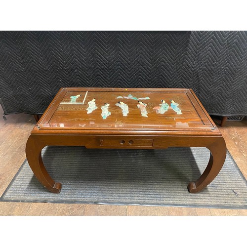 22 - Oriental coffee table decorated with mother of pearl geisha figures.
90cm l x 50cm d x 46cm h