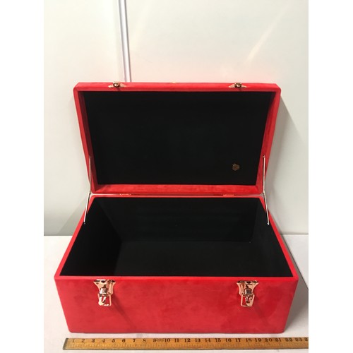 174 - Large red/pink plush storage box with rose gold fastenings and handles.