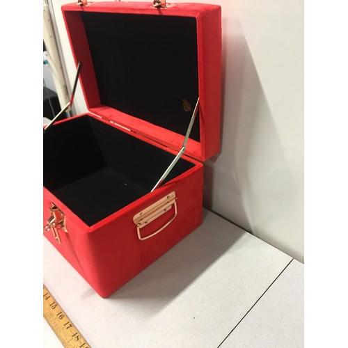 174 - Large red/pink plush storage box with rose gold fastenings and handles.