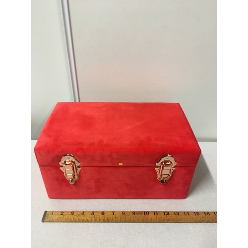 254 - Small size red/pink plush storage box with rose gold fastenings and handles.