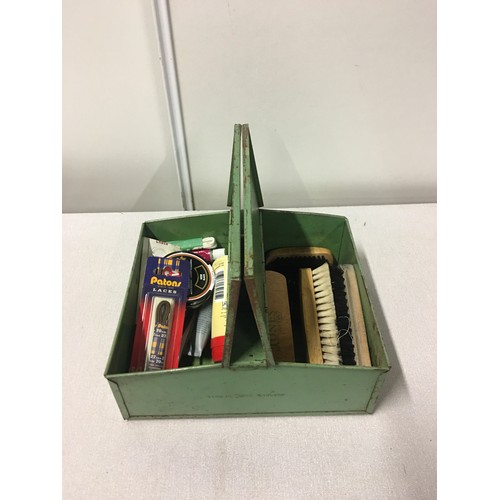 395 - Vintage metal shoeshine box and contents