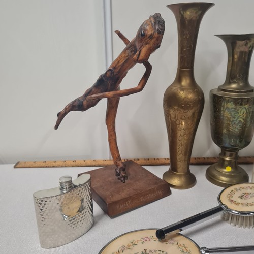 288 - Selection of collectables to include brass vase, unusual wooden sculpture etc.