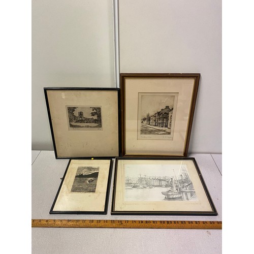 302 - 4 framed vintage etchings.