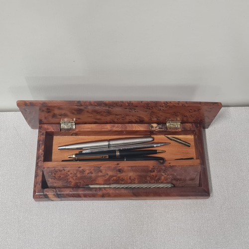 313 - Vintage Burr Walnut pen holder/desk tidy along with selection of pens/pencils to include Parker, Exp... 