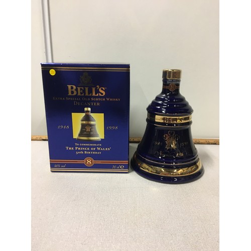 4 - Boxed Bells whisky decanter - The Prince Of Wales 50th birthday. Full and sealed.