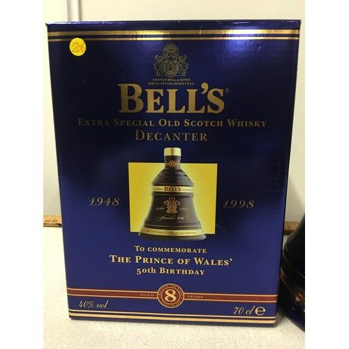 4 - Boxed Bells whisky decanter - The Prince Of Wales 50th birthday. Full and sealed.