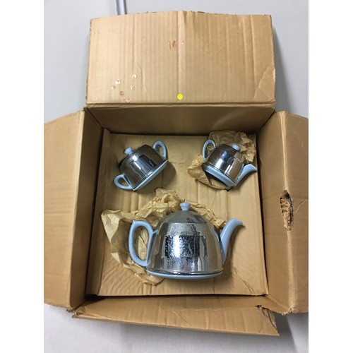 14 - Boxed 1950's  3 piece Heatmaster tea set- teapot, cream and sugar. New old stock.