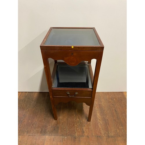 28 - Antique mahogany display unit with lift up glass top and blue velvet interior.
80cm h x 36cm l x 36c... 