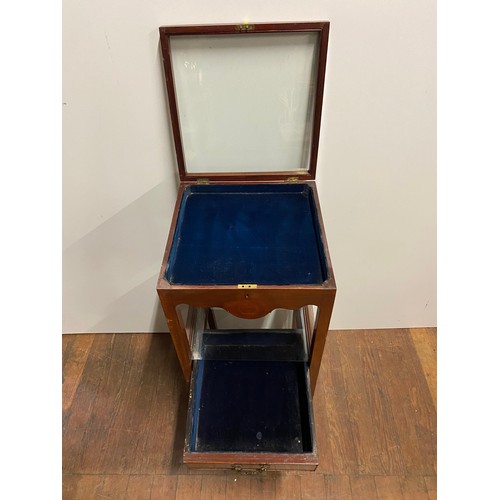 28 - Antique mahogany display unit with lift up glass top and blue velvet interior.
80cm h x 36cm l x 36c... 