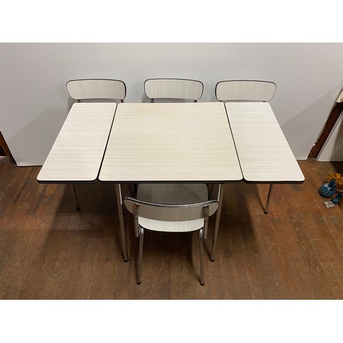 30 - 1960's/70's Belgian Tavo drop-leaf kitchen table and 4 chairs.
Table 108cm l x 75cm h 60cm d