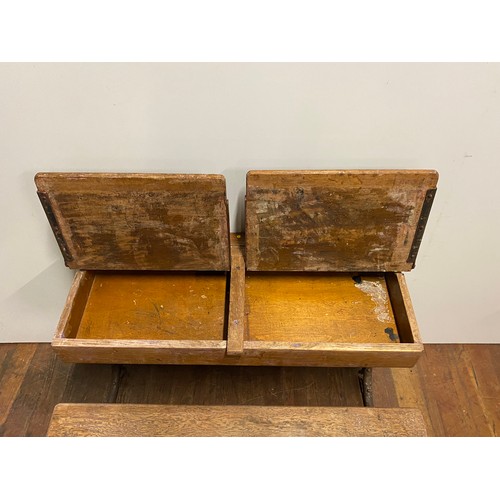 189 - Vintage wooden double school bench and desk set on metal frame.
92cm l x 68cm back to front x 55cm h