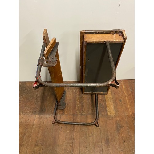 189 - Vintage wooden double school bench and desk set on metal frame.
92cm l x 68cm back to front x 55cm h