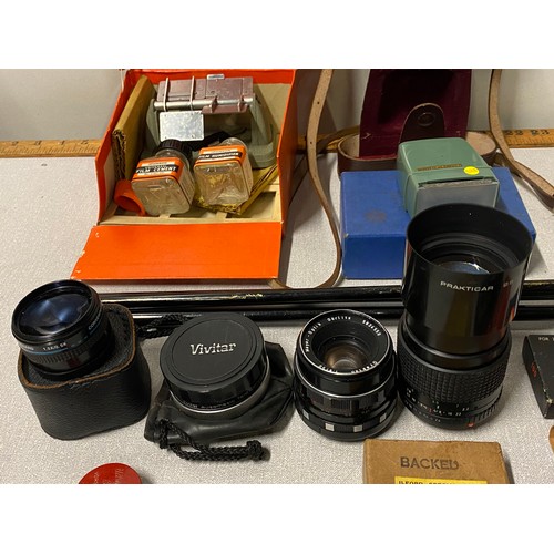 66 - Selection of vintage carea equipment to include Ilford Sportsman camera, Prakticar lens and Johnson ... 