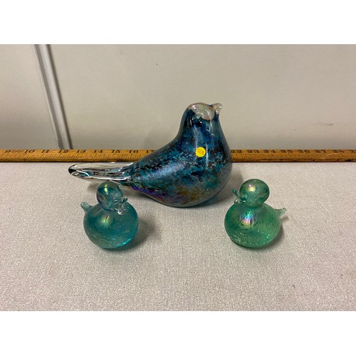 47 - Lowitz style glass bird along with 2 Heron iridescent glass ducklings.